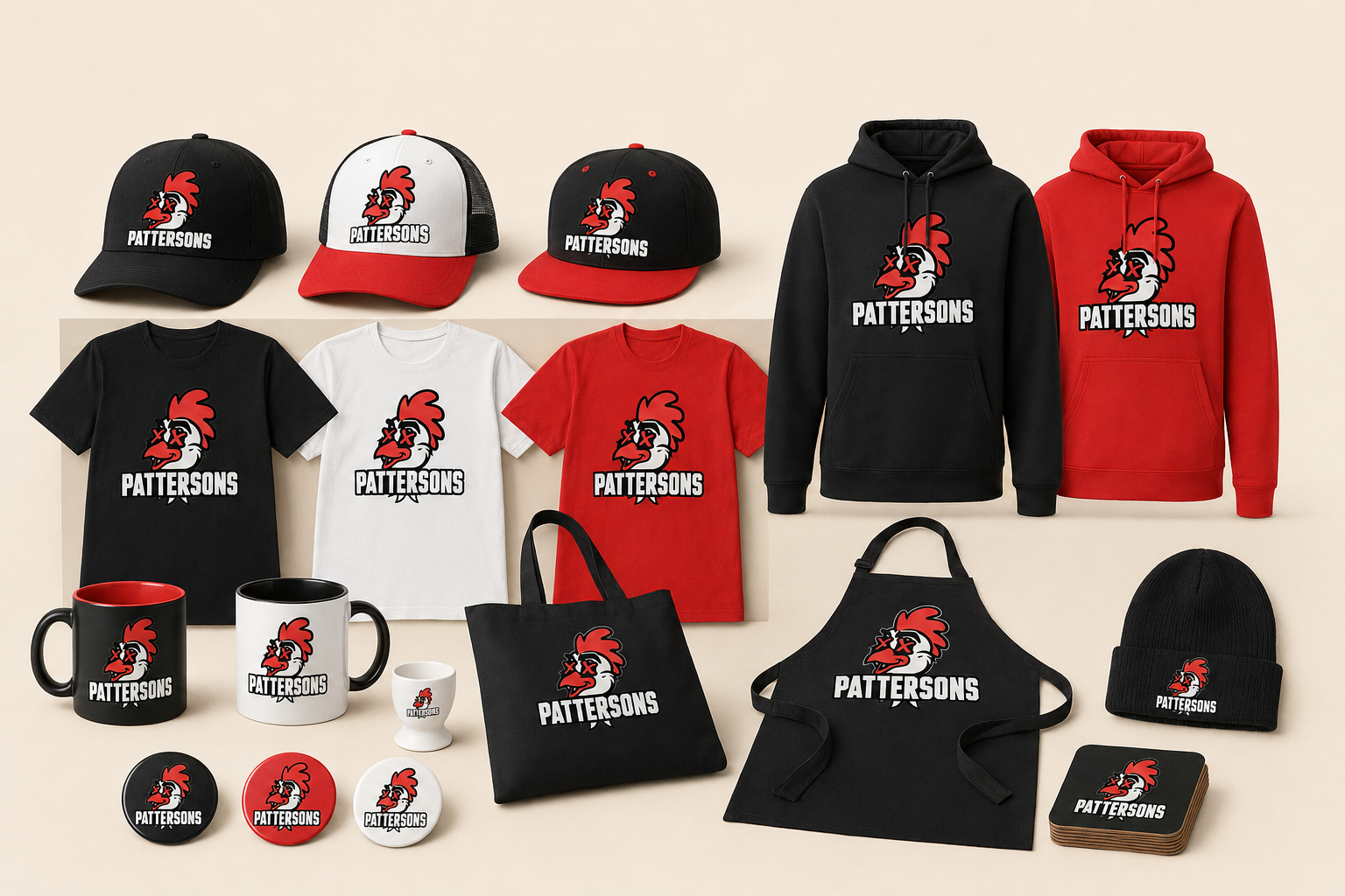 Pattersons branded merchandise including caps, T-shirts, hoodies, mugs, tote bag, apron, beanie and badges