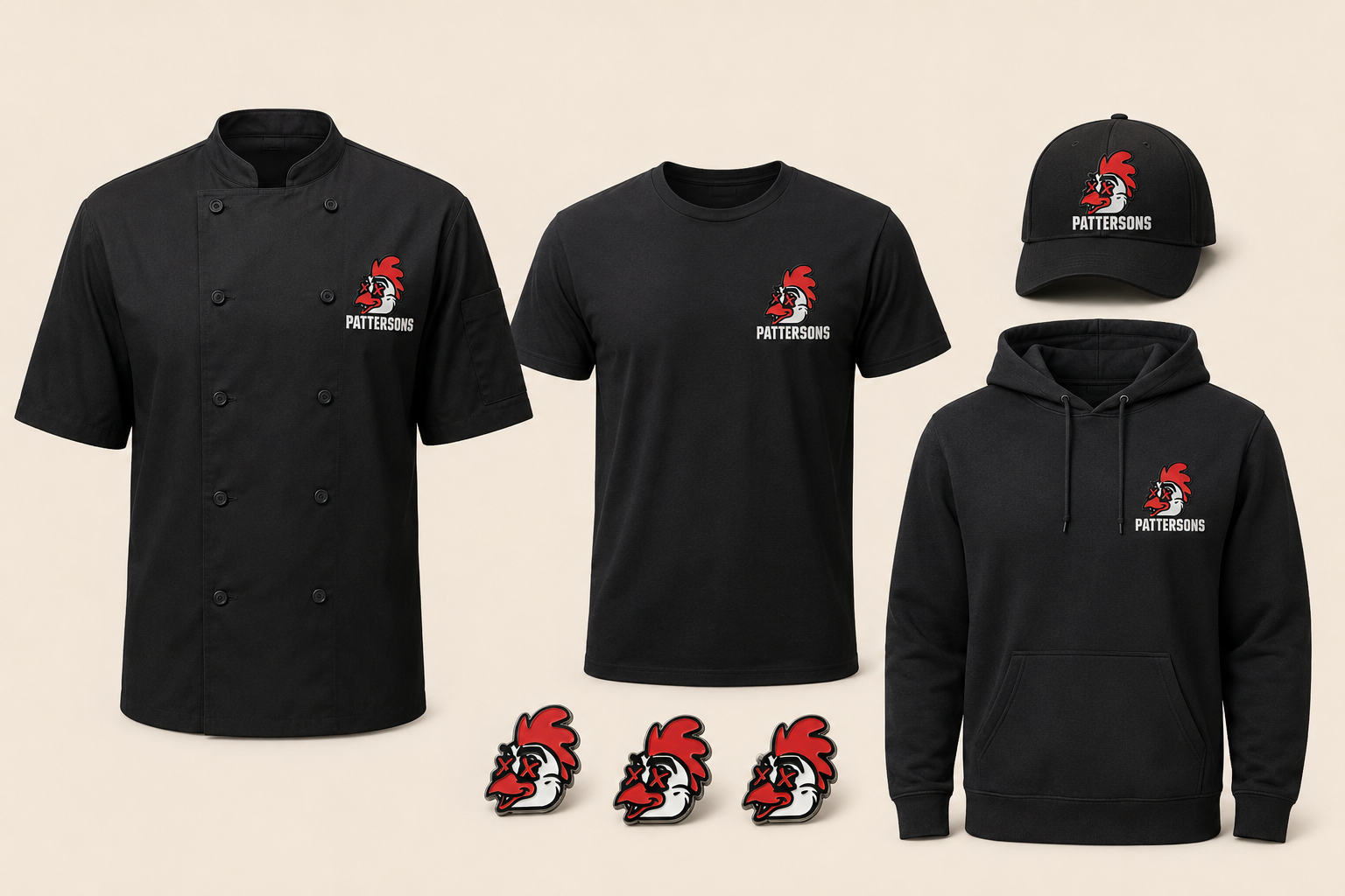 Pattersons staff uniform mockups including chef jacket, T-shirt, baseball cap, hoodie and pin badges