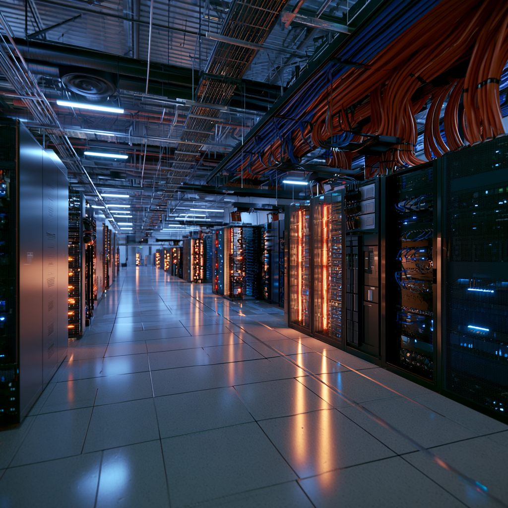 Interior of a data center hallway with rows of server racks and overhead orange cable bundles.
