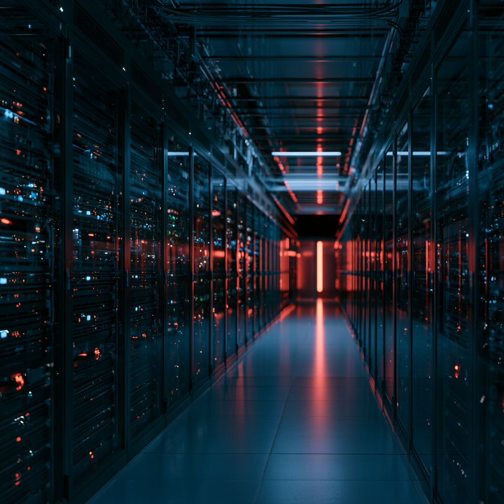 Long corridor inside a data center with rows of server racks glowing blue and red lights.
