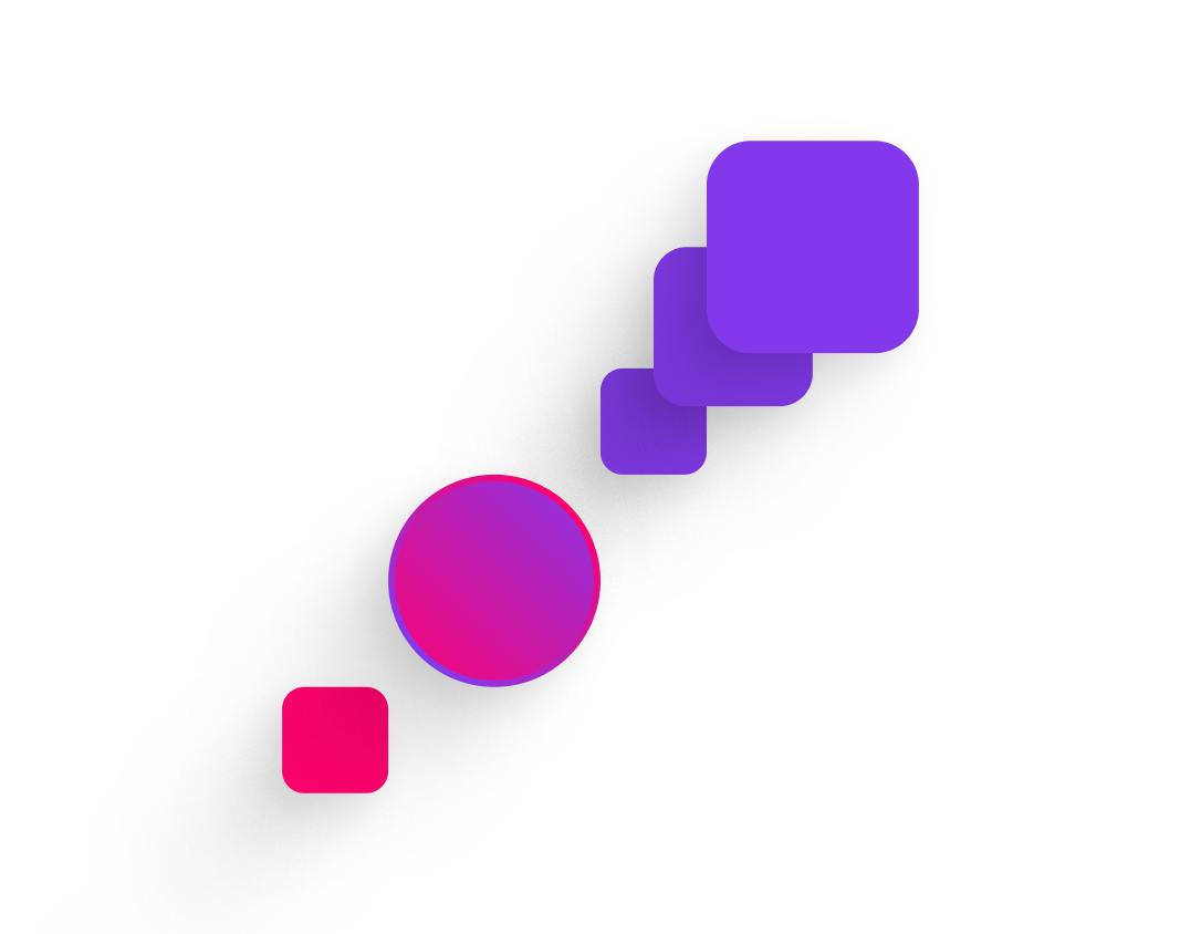 Abstract 3D illustration of purple and pink rounded squares in a diagonal line