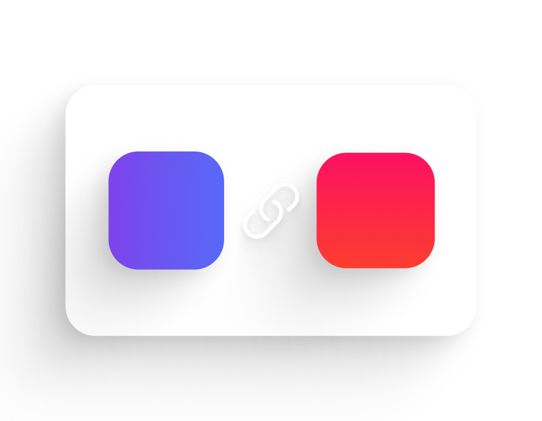 3D illustration of a blue and a red rounded square linked together on a white card
