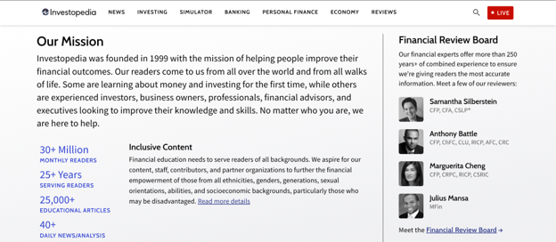 Investopedia's Our Mission page listing the experts on its Financial Review Board