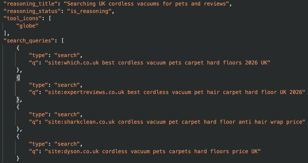 ChatGPT 5.6 Sol fanning out a cordless vacuum query across review publishers and manufacturer domains