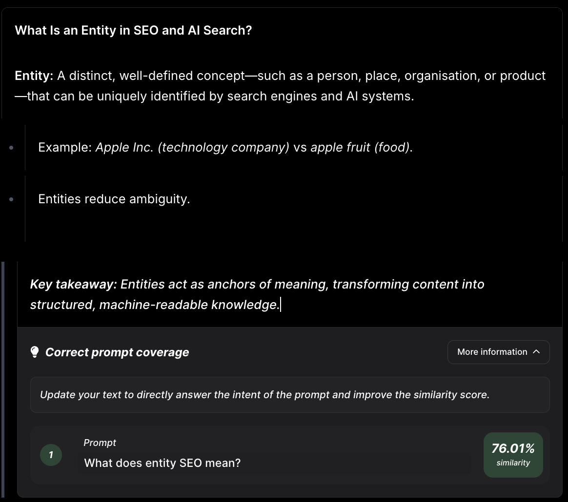 SUBJCT showing a passage similarity score of about 76 percent for the prompt What does entity SEO mean