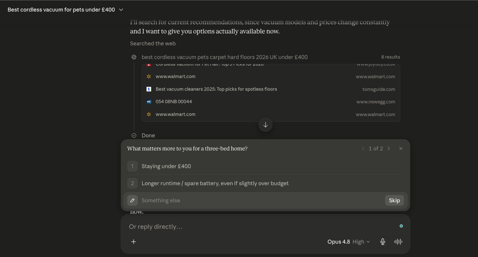 Claude 4.8 Opus beginning with a broad search before narrowing towards independent testing and pricing