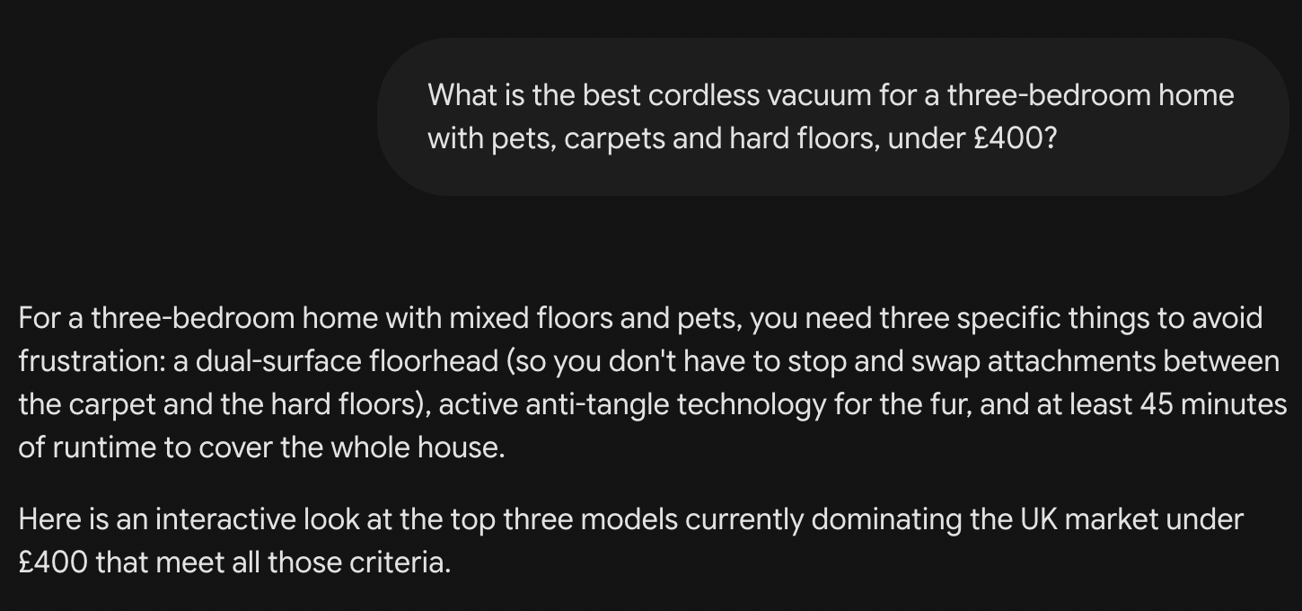 Gemini 3.1 Pro converting the prompt into product criteria before recommending a cordless vacuum