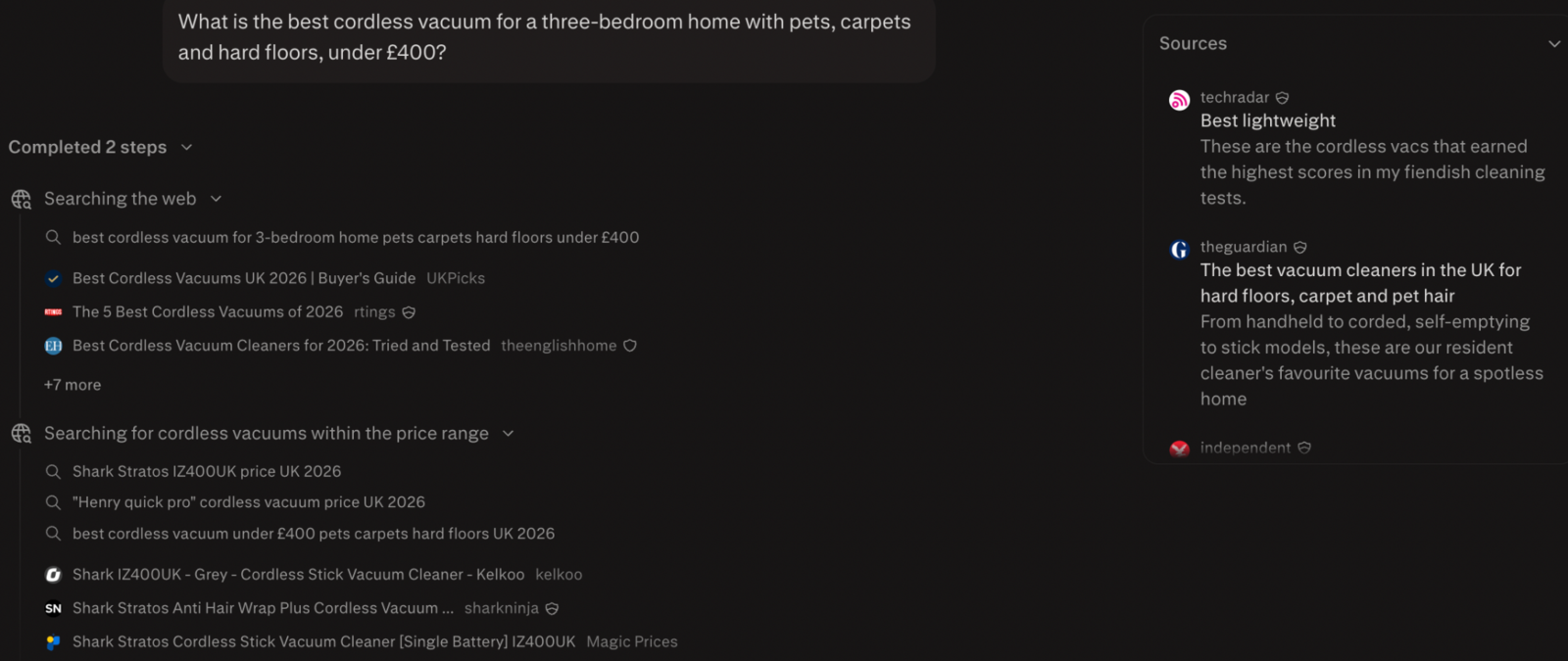 Perplexity Pro building a citation-heavy comparison of cordless vacuums with several decision paths