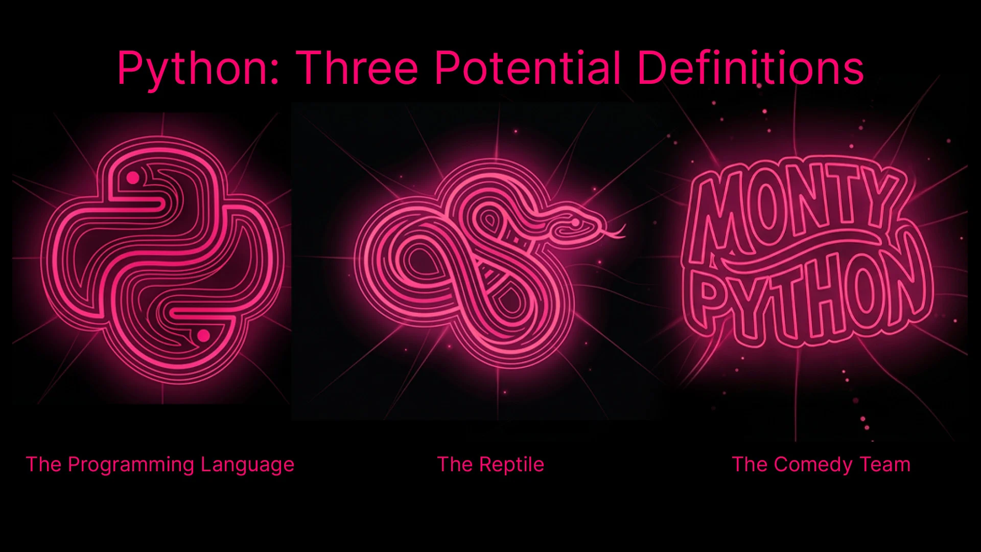 Illustration showing how the word Python has three potential definitions, the programming language, the reptile, and the Monty Python comedy team, demonstrating why semantic disambiguation matters for search engines