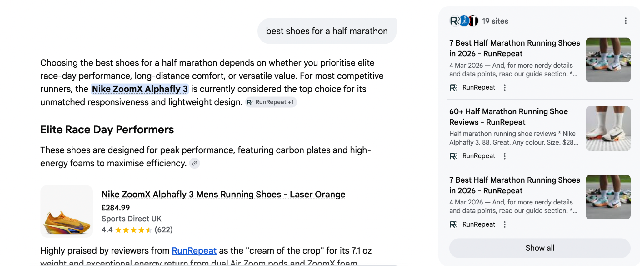 Google AI Overview result for the query best shoes for a half marathon, showing a synthesised answer recommending the Nike ZoomX Alphafly 3 with product details, pricing, and citations from RunRepeat, illustrating how semantic search generates direct answers from multiple sources