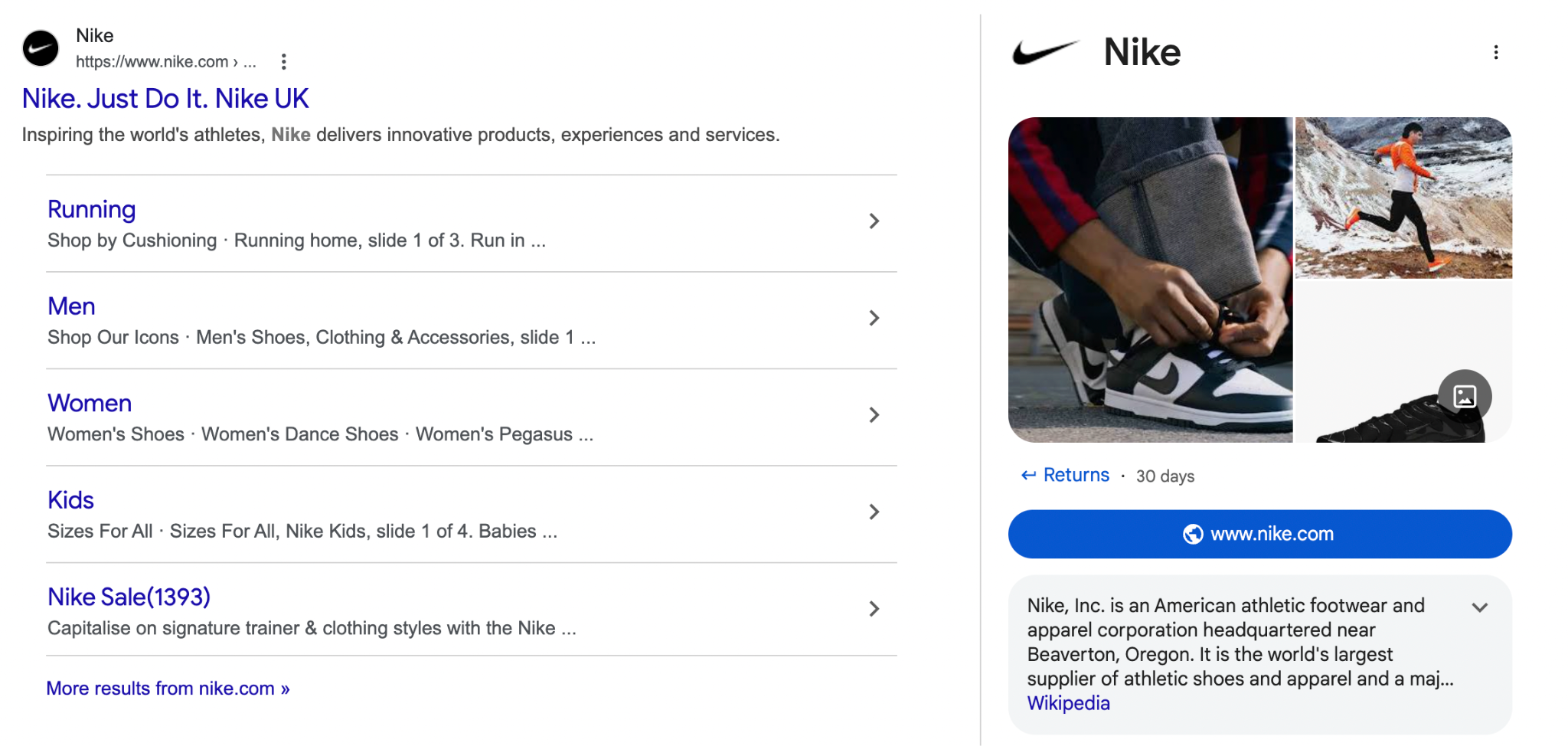 Google search results page for Nike showing rich sitelinks for Running, Men, Women, and Kids categories alongside a Knowledge Panel with the Nike logo, brand images, website link, and Wikipedia description, demonstrating how entity recognition triggers enhanced search features