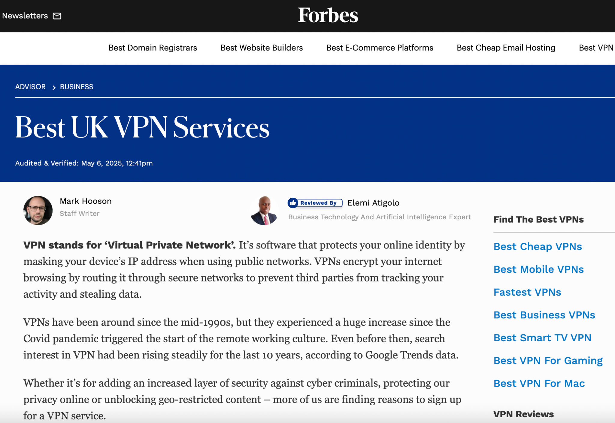 Screenshot of a Forbes Advisor article on Best UK VPN Services showing author byline, review credentials, and structured content with sidebar navigation, demonstrating the type of high-authority topical content that performs well in semantic search