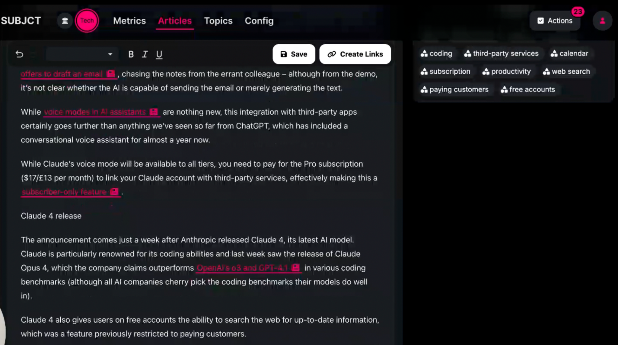 Screenshot of the SUBJCT AI platform interface showing an article being edited with entity tags highlighted in pink alongside automatically detected topic entities like coding, third-party services, calendar, subscription, and web search displayed in the sidebar