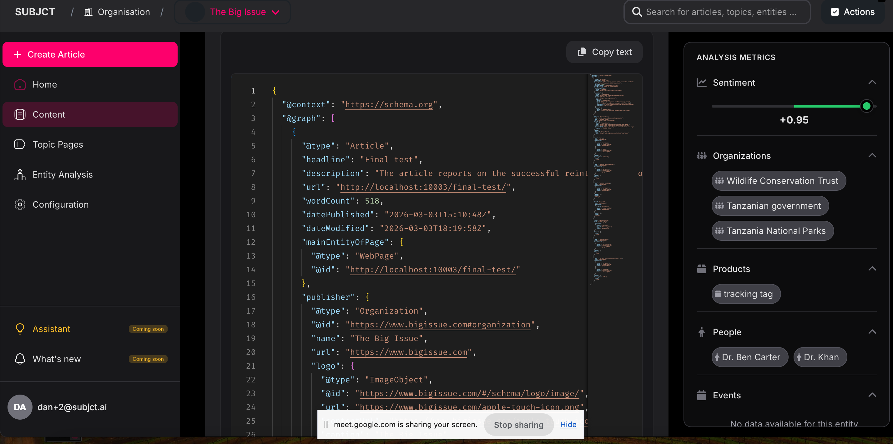 JSON-LD schema markup example for a local business entity showing @type, name, @id, url, sameAs, telephone and address properties
