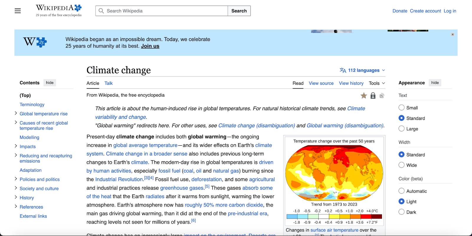 Wikipedia article for Climate Change demonstrating one primary entity per page structure with clear definition, disambiguation from related terms, table of contents, and categorization that makes it highly citable by AI systems