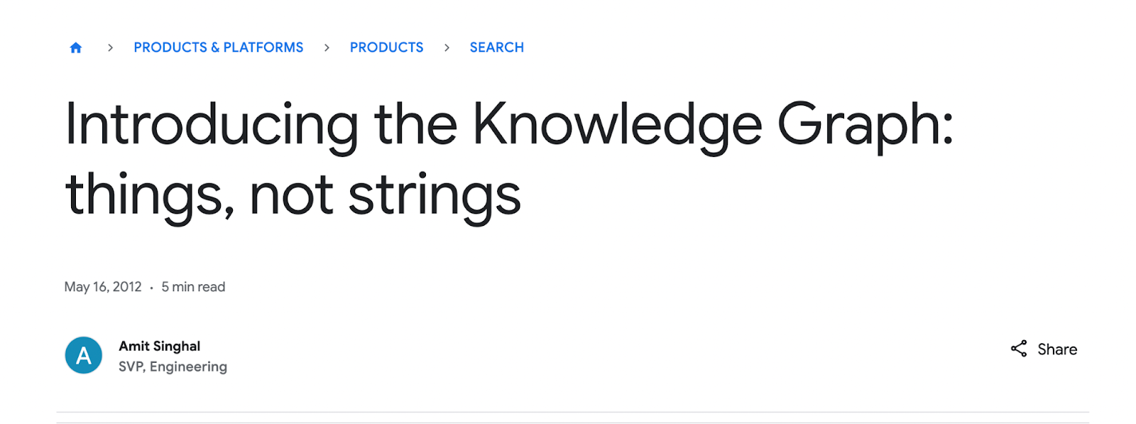 Screenshot of the Google blog post titled Introducing the Knowledge Graph things not strings published May 16 2012 by Amit Singhal SVP of Engineering