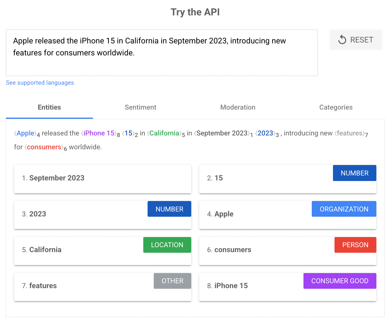 Google Cloud Natural Language API entity analysis output for the sentence Apple released the iPhone 15 in California in September 2023, showing extracted entities categorized as Organization, Location, Consumer Good, Number, and Date