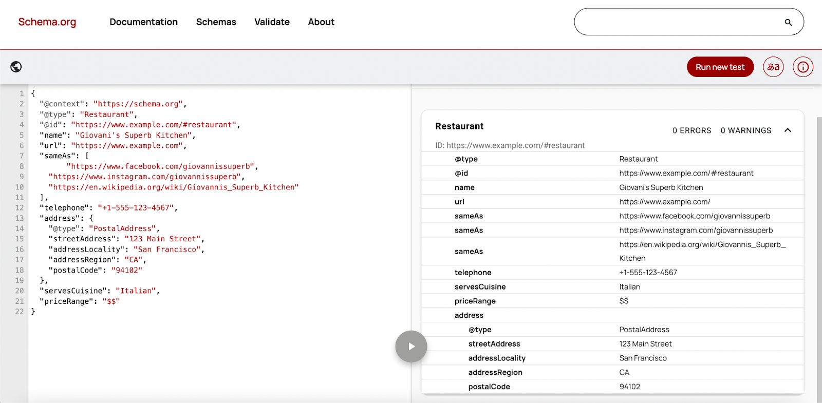 Schema Markup Validator showing JSON-LD structured data for a Restaurant entity with properties including name, url, sameAs links, telephone, address, servesCuisine, and priceRange validated with zero errors