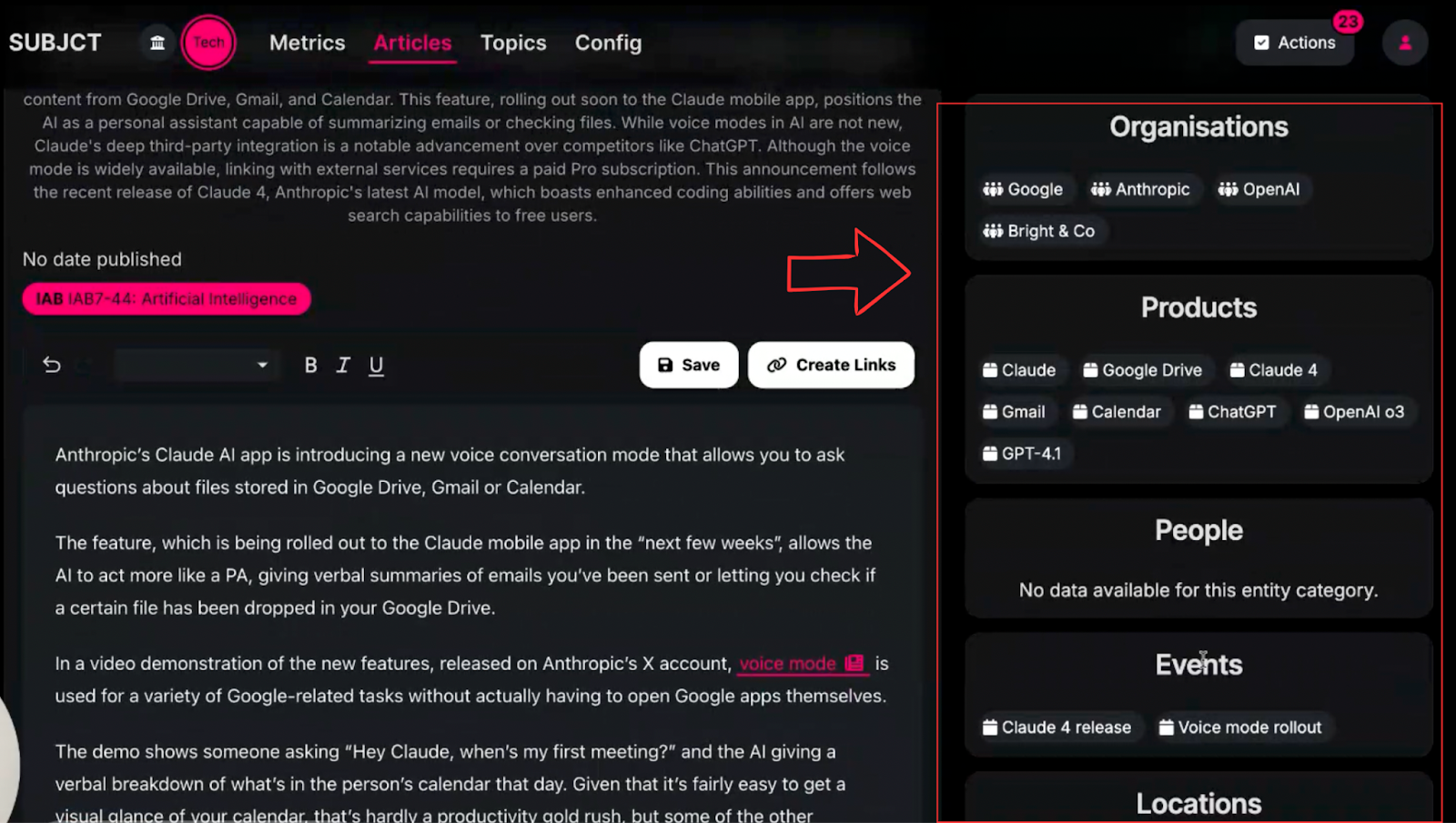 SUBJCT platform article view showing automated entity extraction with entities categorized into Organisations, Products, People, Events, and Locations alongside the article content with internal linking and tagging controls