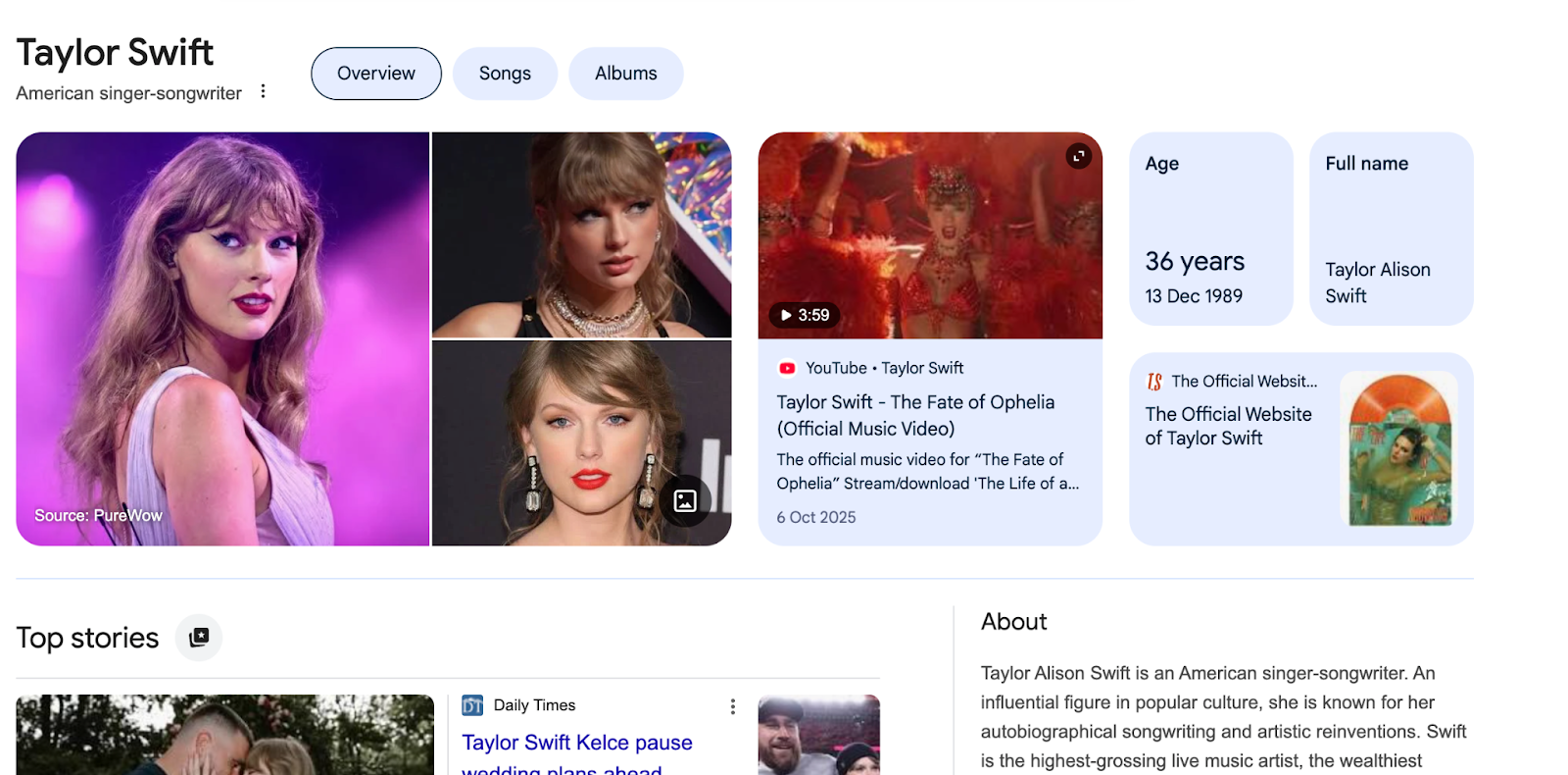 Google Search knowledge panel for Taylor Swift showing entity recognition in action with structured data including age, full name, songs, albums, and related content pulled from the Knowledge Graph