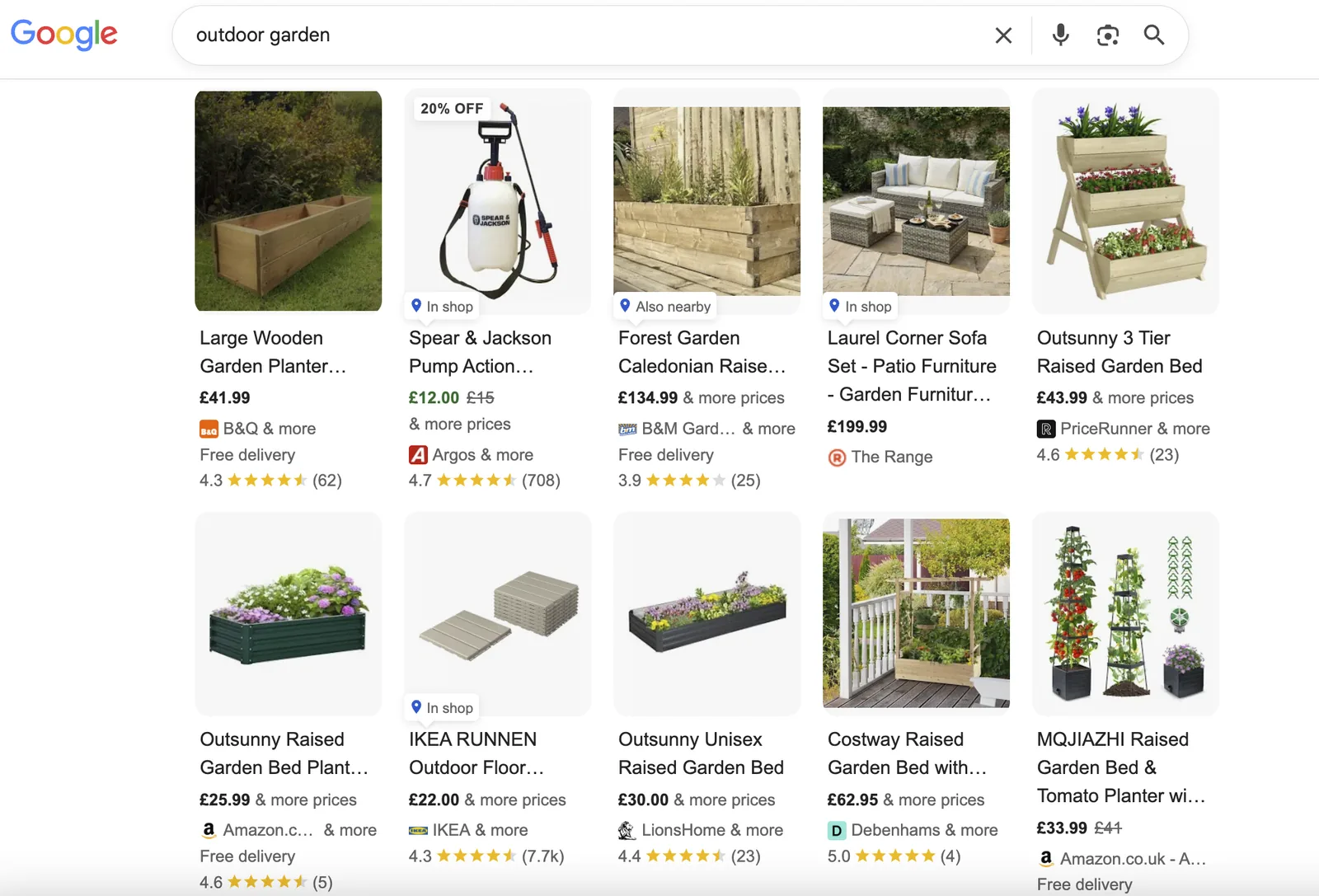 Google Search product rich results showing prices, star ratings, reviews and delivery details