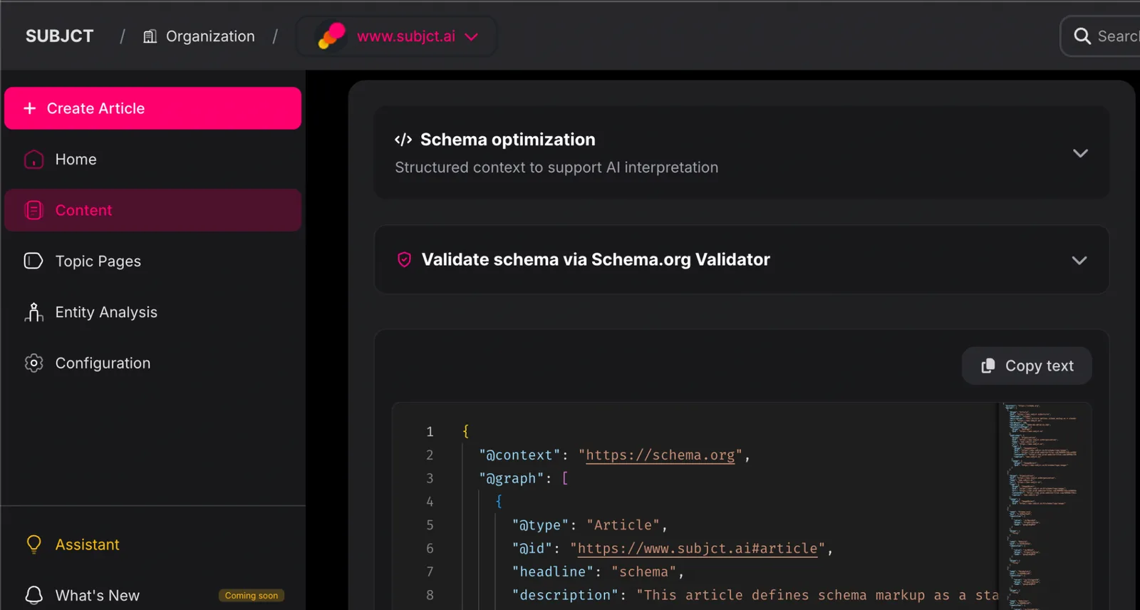 SUBJCT platform: Schema optimization panel with generated JSON-LD and Schema.org validator