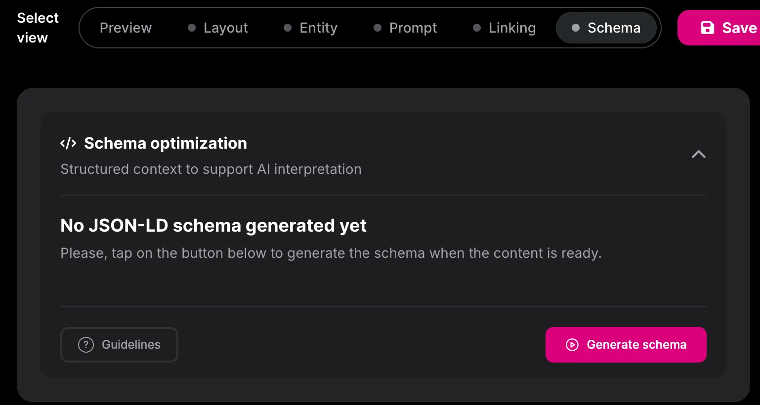 SUBJCT Schema view with the Generate schema button before any JSON-LD is created