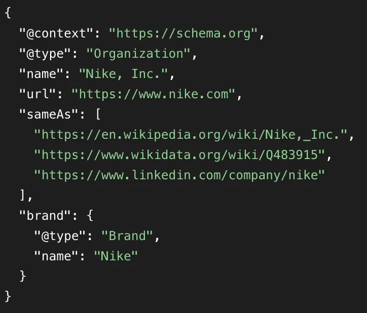 Organization schema JSON-LD example for Nike with url, sameAs links and brand