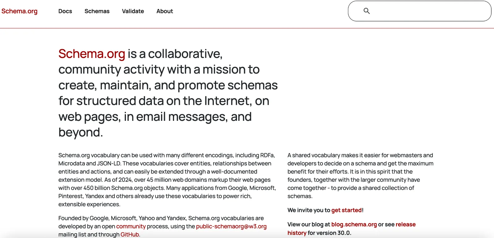 Schema.org homepage describing the shared structured data vocabulary founded by Google, Microsoft, Yahoo and Yandex