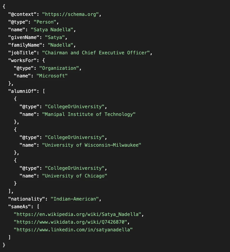 Person schema JSON-LD example with jobTitle, worksFor, alumniOf and sameAs properties