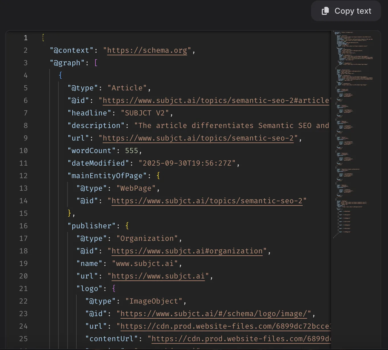JSON-LD @graph generated by SUBJCT with Article, WebPage and Organization nodes