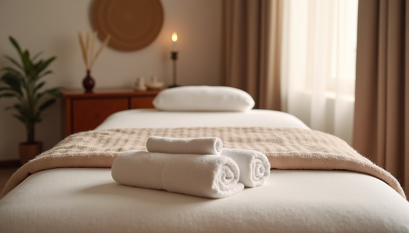 High angle view of a massage table with soft towels and calming decor
