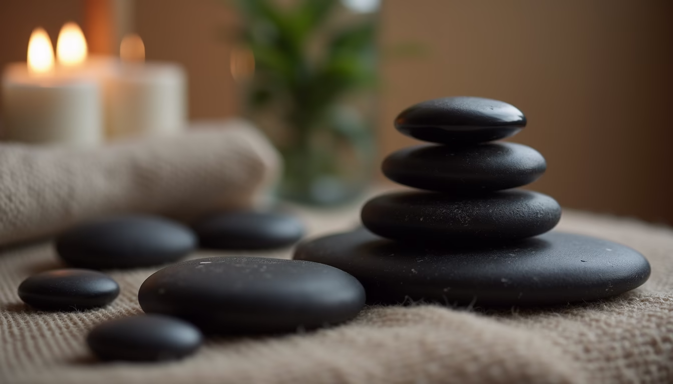 Close-up view of smooth black stones arranged for a hot stone massage