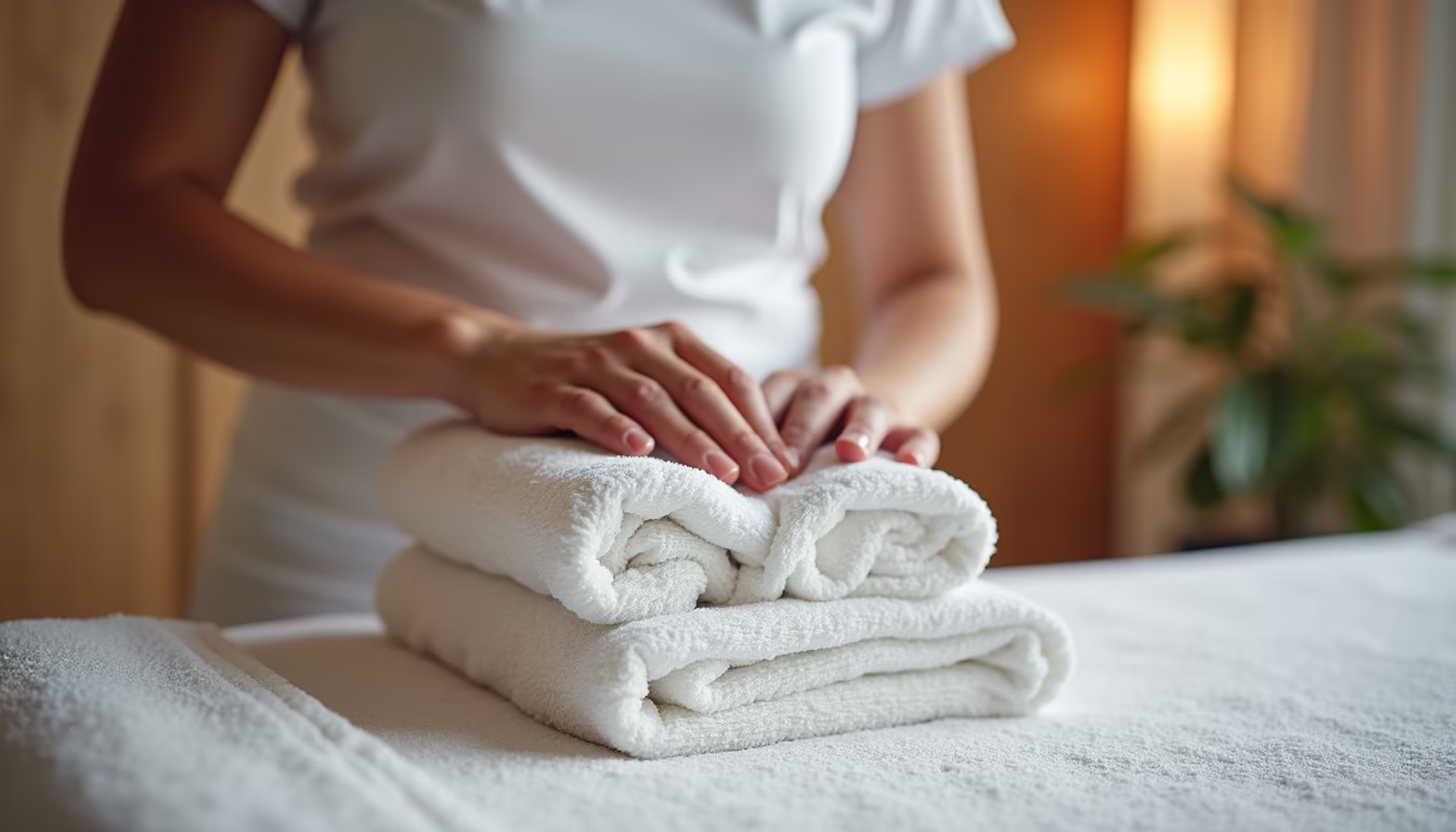 Eye-level view of a massage therapist preparing a treatment room with soft towels