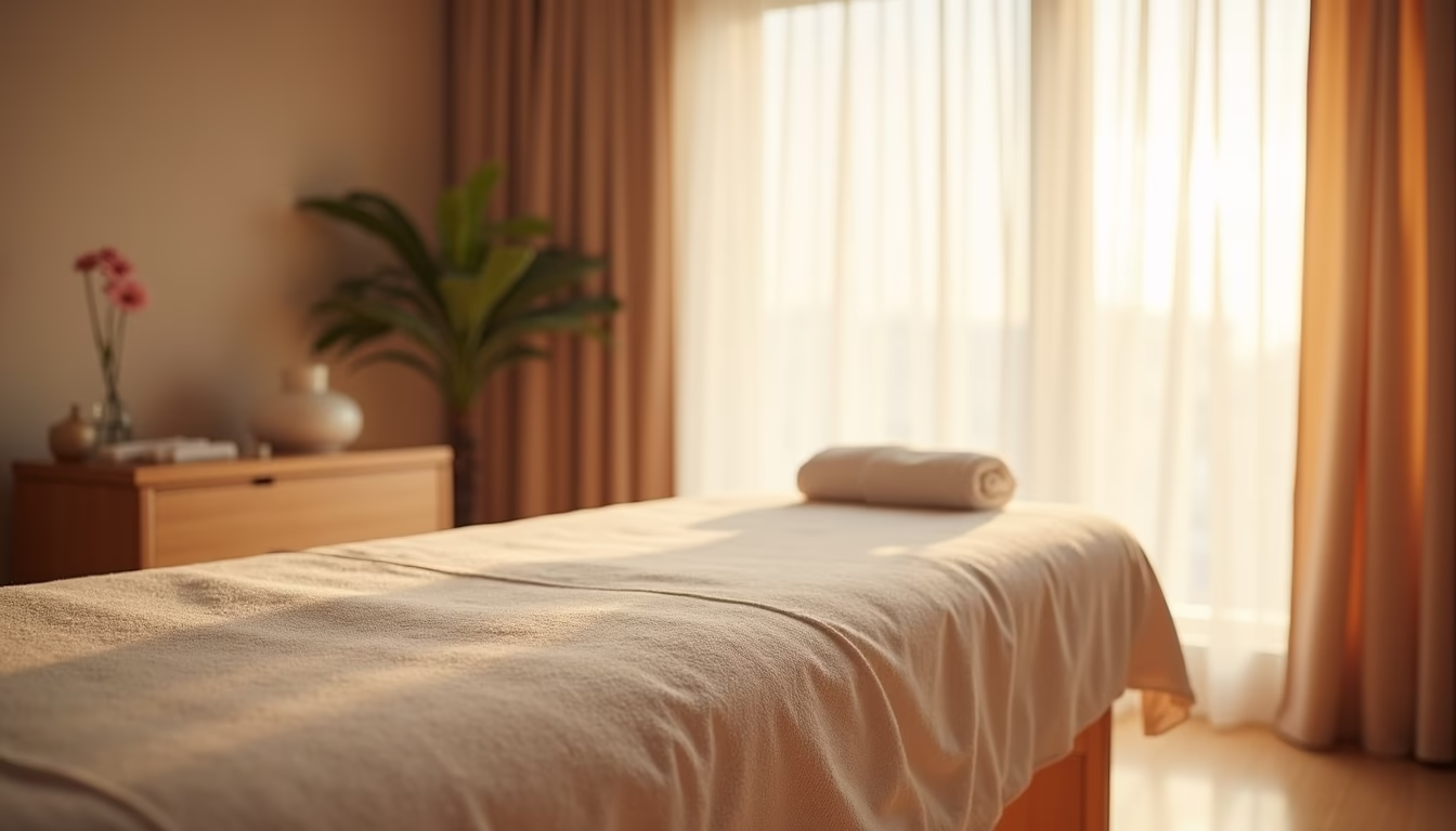 Eye-level view of a serene spa room with a massage table and soft natural light