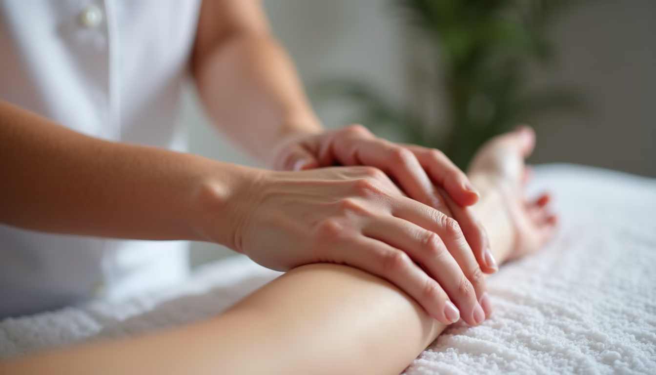 Close-up view of a therapist’s hands performing gentle lymphatic massage on a client’s arm