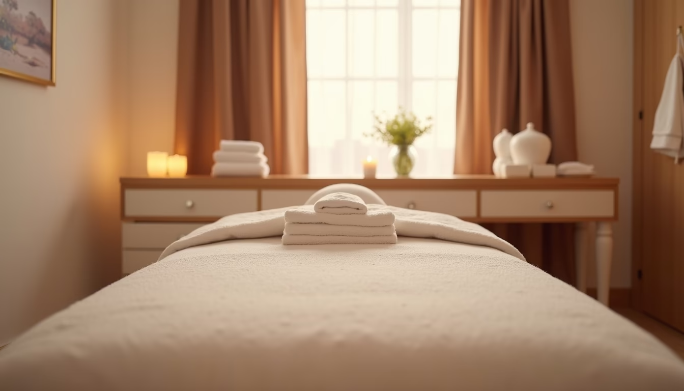 Eye-level view of a calm spa room prepared for a lymphatic drainage massage session