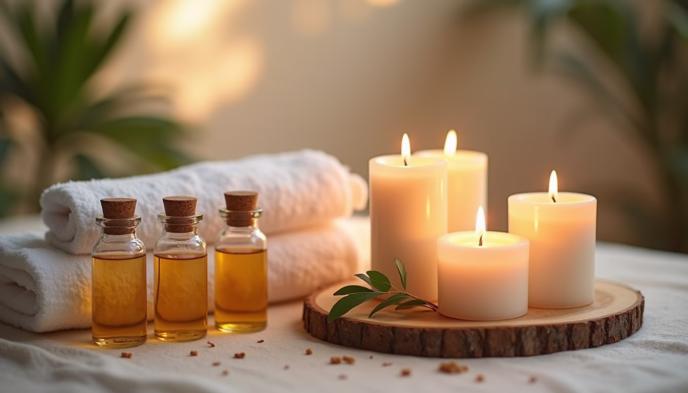 Close-up view of spa essentials including aromatic oils, candles, and towels