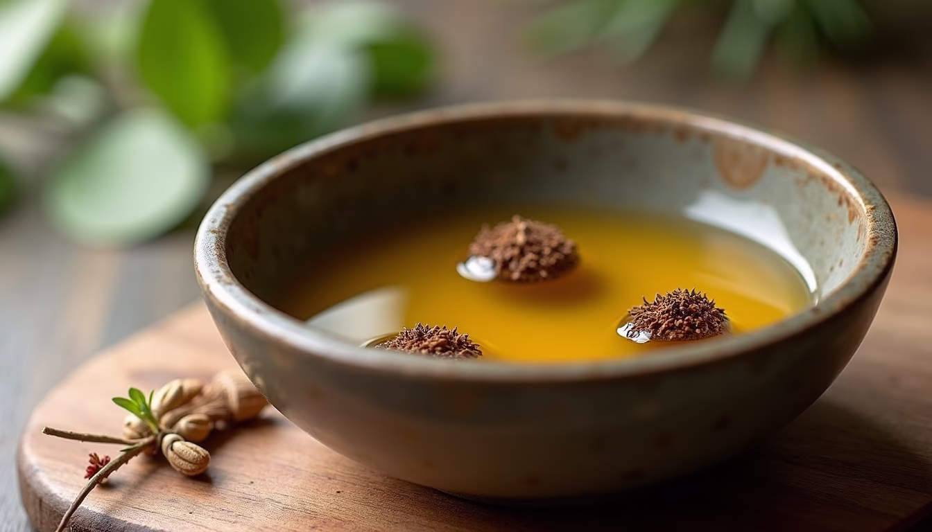 Close-up view of a spa treatment bowl with aromatic oils and natural herbs