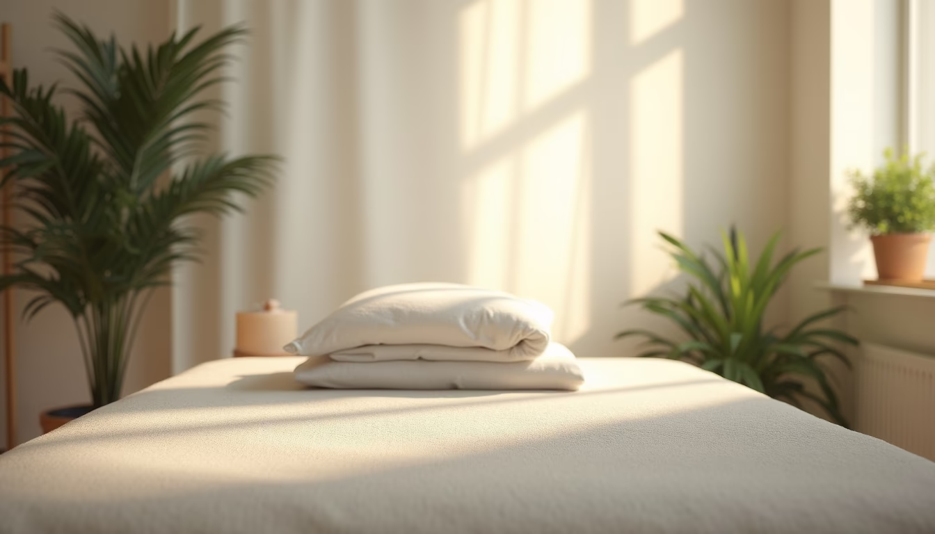 Eye-level view of a peaceful treatment room with soft natural light and plants