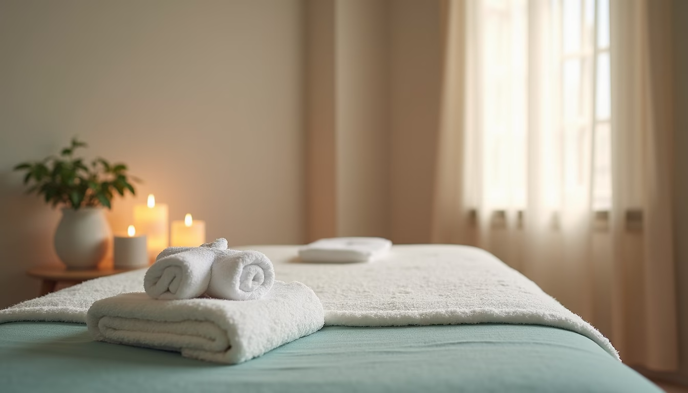 Eye-level view of a serene spa room prepared for a lymphatic detox massage session