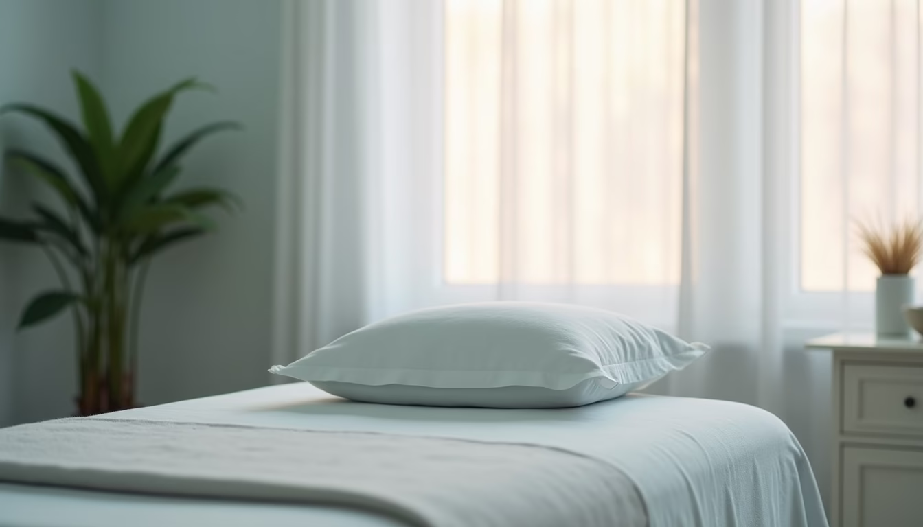 Eye-level view of a calm treatment bed with soft linens and a small plant nearby