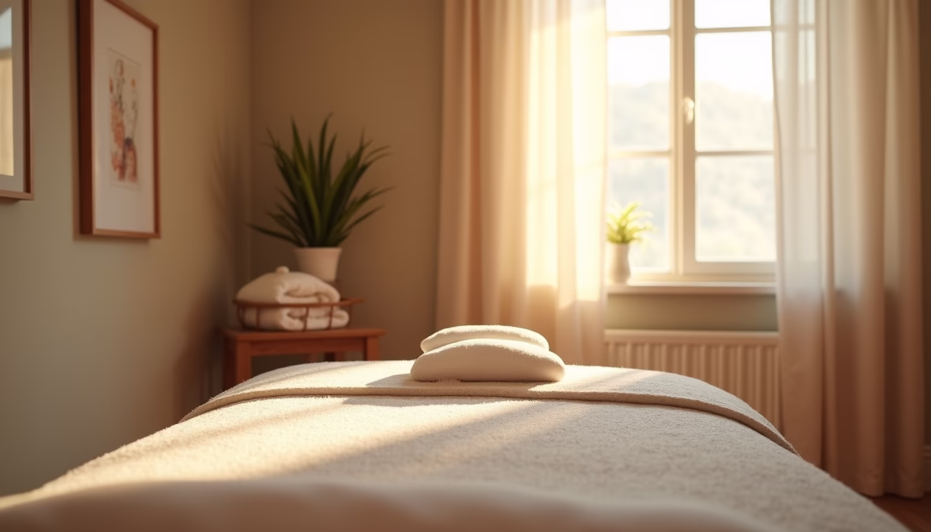 Eye-level view of a peaceful treatment room with a massage table and soft natural light