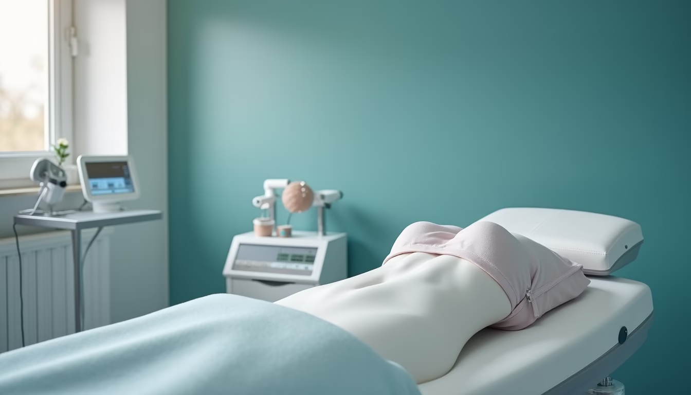 Close-up view of a calm treatment room with body contouring equipment