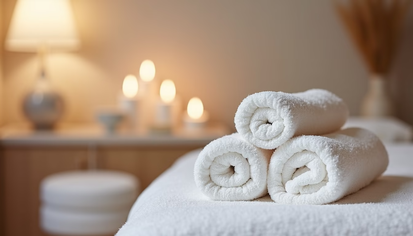 Close-up view of a serene treatment room with soft towels and calming decor
