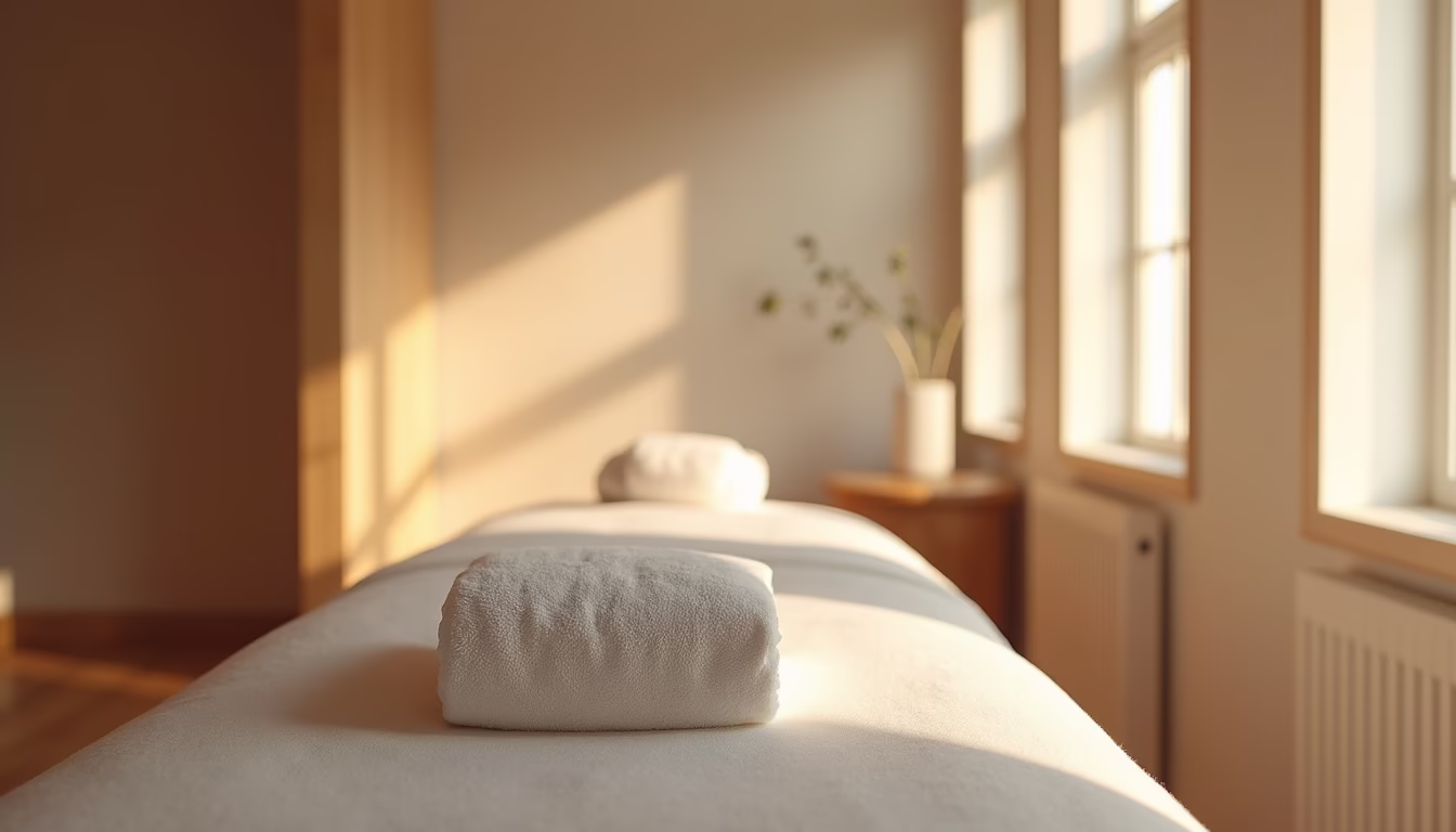 Eye-level view of a calm spa room prepared for lymphatic massage therapy
