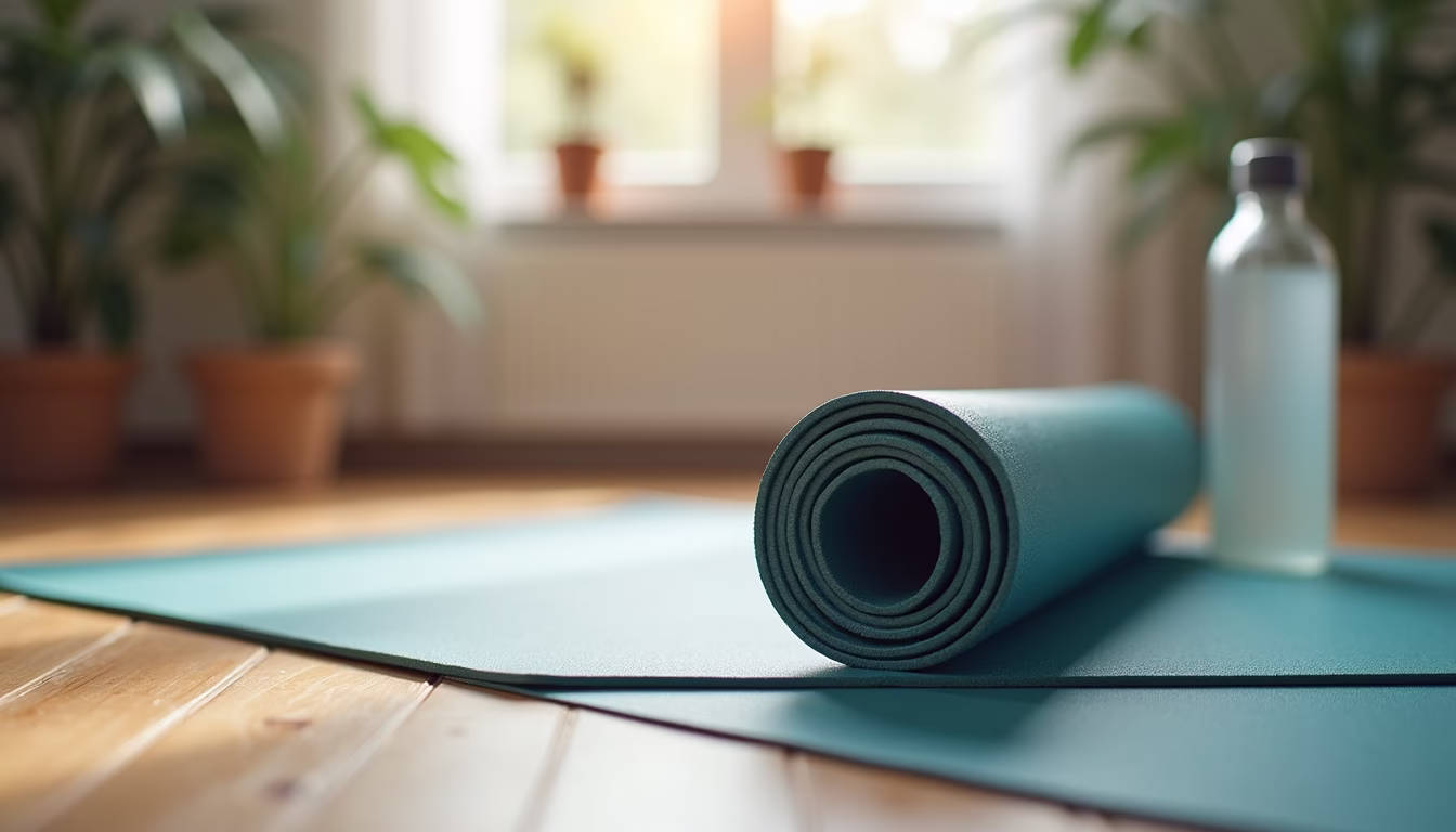 Close-up view of a yoga mat and water bottle in a home workout space