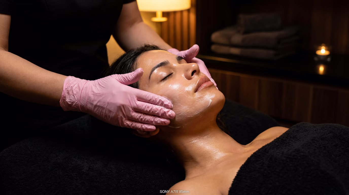 Loly Spa therapist performing a facial with lymphatic drainage