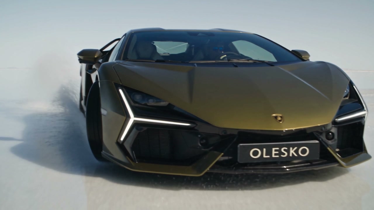 Olive Lamborghini Revuelto on the flooded Salar de Uyuni