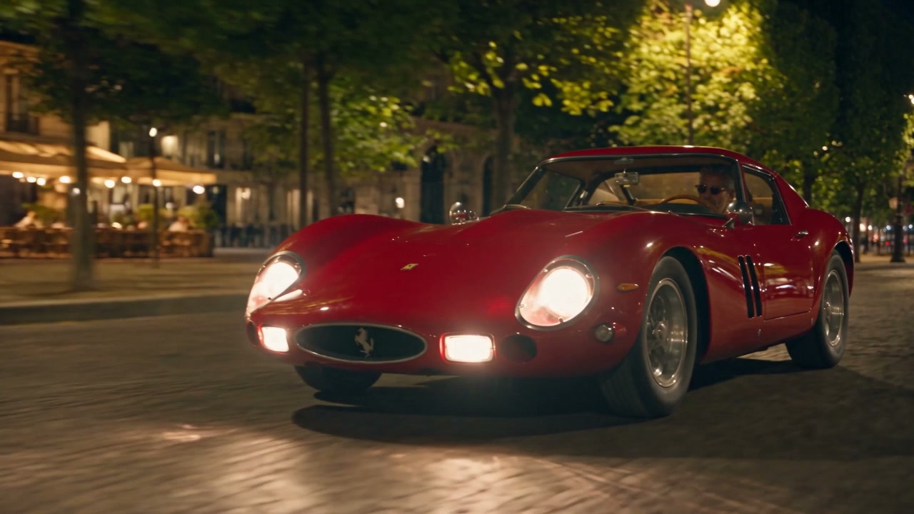 Red Ferrari 250 GTO on a Paris street at night